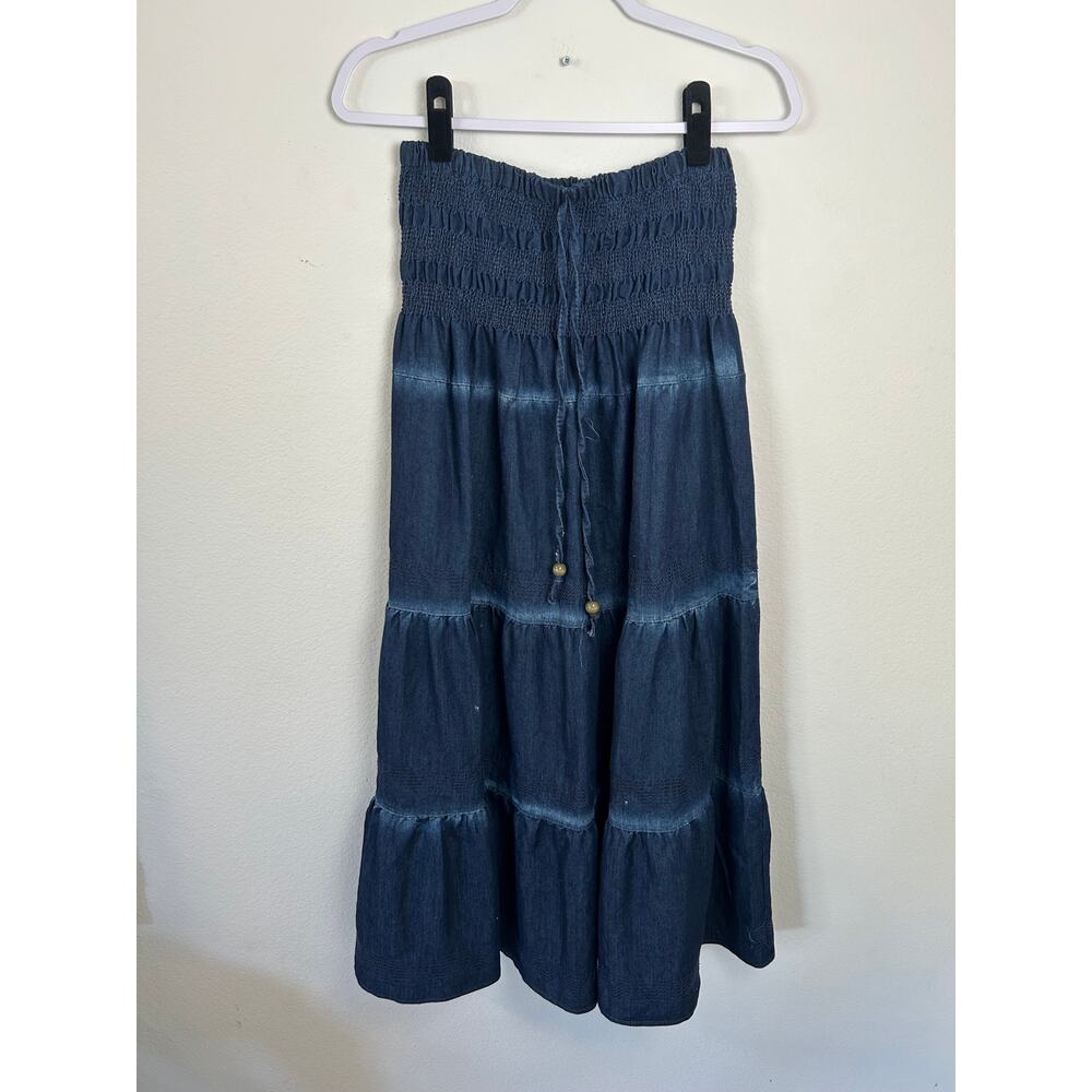Dark Chambray Strapless Maxi Dress Smocked Tiered Boho Cottagecore - Picture 5 of 5